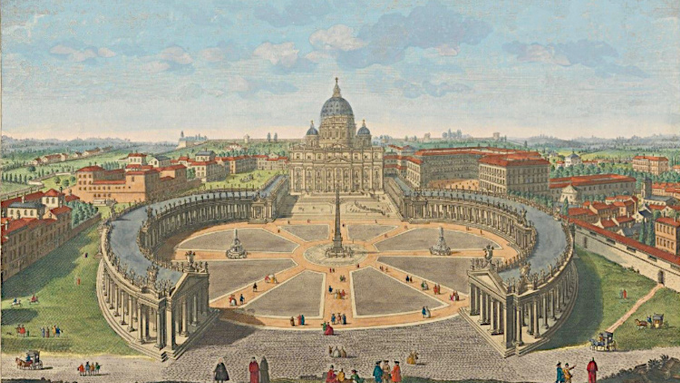 A classical painting depicts St. Peter's Square and Basilica in Vatican City, featuring the surrounding colonnade, central obelisk, and small figures of people.
