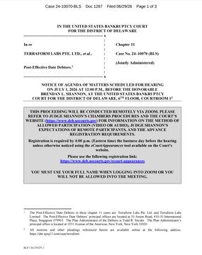 A court notice from the U.S. Bankruptcy Court for the District of Delaware scheduling a hearing on July 1, 2024, at 2:00 p.m. (Eastern) regarding the Plan Administrator's motion to extend deadlines for Terraform Labs PTE. LTD. et al., case number 24-10070-BLS. The document relates to the $LUNC (Terra Luna Classic) bankruptcy case, supporting the post's anticipation of Jump Trading's defense at the upcoming hearing.