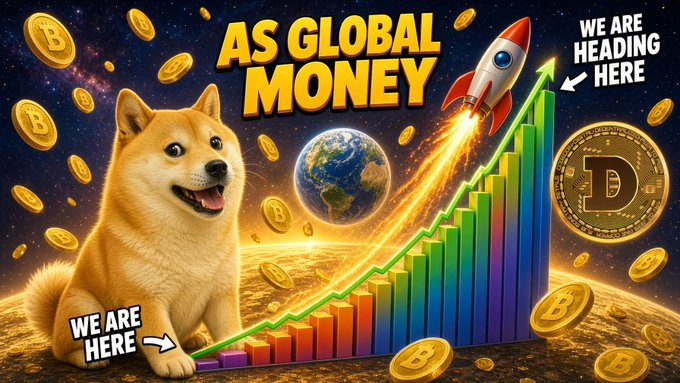 A promotional image featuring a Shiba Inu dog, Bitcoin coins, a Dogecoin, and a rising bar chart with text reading 'AS GLOBAL MONEY' and 'WE ARE HEADING HERE'.