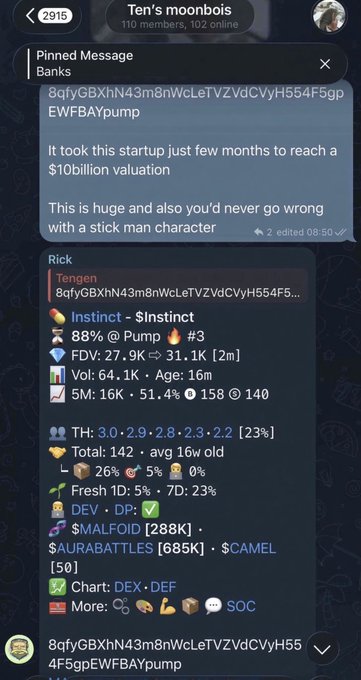 A Telegram chat screenshot from a group called 'Ten's moonbois' showing a pinned message about a 'Banks' startup that reached a $10 billion valuation, along with crypto token data for 'Tengen' (TENGEN) showing 88% at Pump and various metrics.