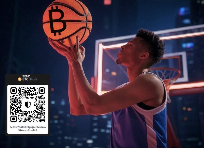 A basketball player reaches up to shoot a basketball featuring a Bitcoin 'B' logo, with a cryptocurrency payment QR code labeled 'SEND BTC Bitcoin' visible on the left side.