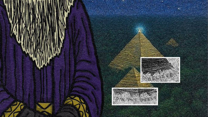 The image depicts a mystical nighttime scene with the Great Pyramids of Egypt illuminated against a starry sky, accompanied by inset black-and-white images showing the pyramids' internal chambers and passages, while a bearded figure in purple robes watches from the left. The caption connects to the post by symbolizing the idea of embarking on unknown quests—much like explorers who venture into ancient mysteries without knowing what they'll find, trusting that the discovery of hidden chambers and coded secrets within the pyramids is worth the journey.