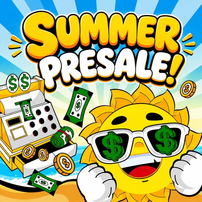 This image, featuring a sun with dollar sign sunglasses and a cash register overflowing with cash, advertises a "SUMMER PRESALE" and seems to represent the financial success that the accompanying post suggests is possible with @summertokensol.