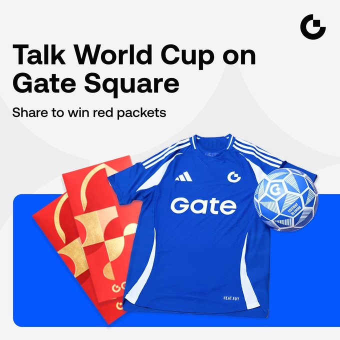 The image features a blue soccer jersey with white stripes and a red and gold patterned shirt sitting next to a soccer ball. The background of the image is white, and there are two red envelopes placed near the center of the image. The text on the image reads "Talk World Cup on Gate Square Share to win red packets".