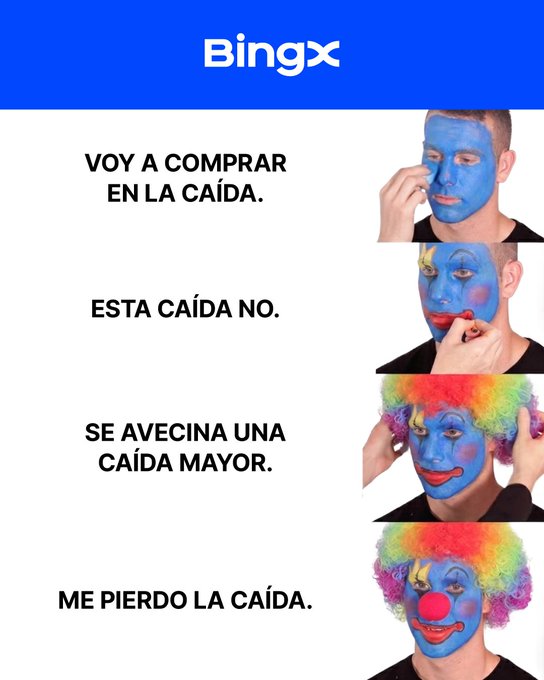 A BingX advertisement featuring a progressive meme showing a person transforming into a clown with face paint and a colorful wig, paired with Spanish text: "VOY A COMPRAR EN LA CAÍDA" (I'll buy the dip), "ESTA CAÍDA NO" (Not this dip), "SE AVECINA UNA CAÍDA MAYOR" (A bigger dip is coming), and "ME PIERDO LA CAÍDA" (I miss the dip).
