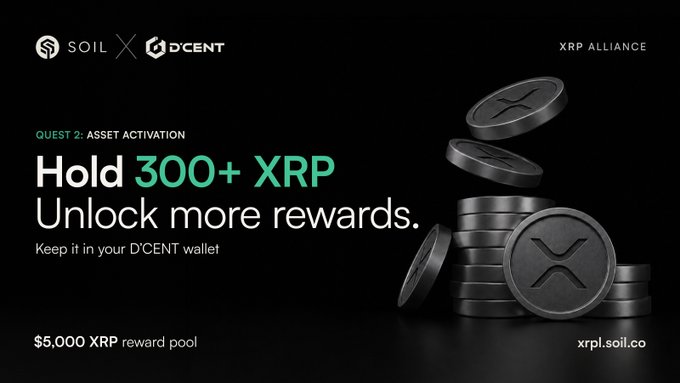The image is a promotional banner for a SOIL x D'CENT collaboration in the XRP Alliance, featuring a stack of dark XRP coins on a black background. Key text includes "Quest 2: Asset Activation," "Hold 300+ XRP Unlock more rewards," "$5,000 XRP reward pool," and the website "xrp.soil.co," which directly advertises the Quest 2 challenge described in the post.