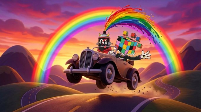 A vibrant digital illustration depicting two cartoon characters riding in a vintage convertible car, leaving a colorful rainbow trail behind them as they drive through a hilly landscape at sunset.