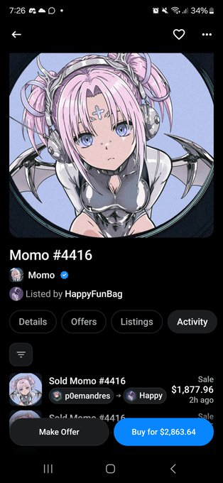 A mobile app screenshot showing an NFT listing for 'Momo #4416' by artist Momo, listed by HappyFunBag, with a 'Buy for $2,863.64' button and recent sale of $1,877.96.