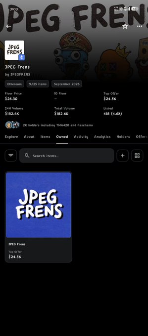 A mobile screenshot of the "JPEG Frens" NFT collection page on OpenSea, showing a floor price of $26.30 and a 24H volume of $182.6K.