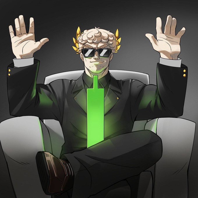 A confident cartoon figure with a laurel wreath, sunglasses, and a glowing green tie lounges on a chair with hands raised in a "WAGMI" pose, projecting the triumphant, bullish attitude conveyed in the $BONER accumulation announcement.