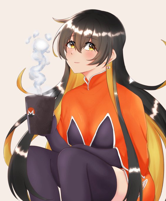 An anime-style illustration of a girl with long dark hair and yellow eyes holding a steaming mug with an 'M' logo on it.