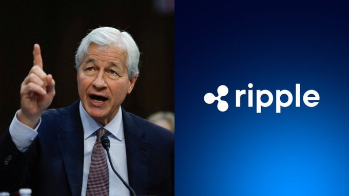 The image shows Jamie Dimon, CEO of JPMorgan Chase, pointing upward during what appears to be a hearing, alongside the Ripple logo on a blue background—visually linking the post's claim that Ripple now operates on the same level as major financial giants like JPMorgan.