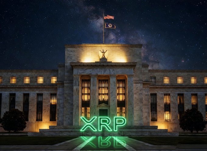 A grand building with American and POW/MIA flags at night, featuring a glowing green 'XRP' sign on the steps.