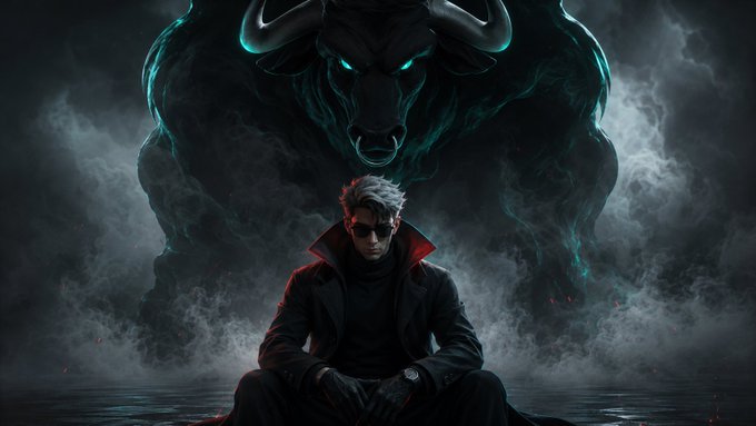 A dark, atmospheric illustration features a silver-haired man in a black coat sitting in front of a massive, glowing-eyed bull spirit emerging from smoke.
