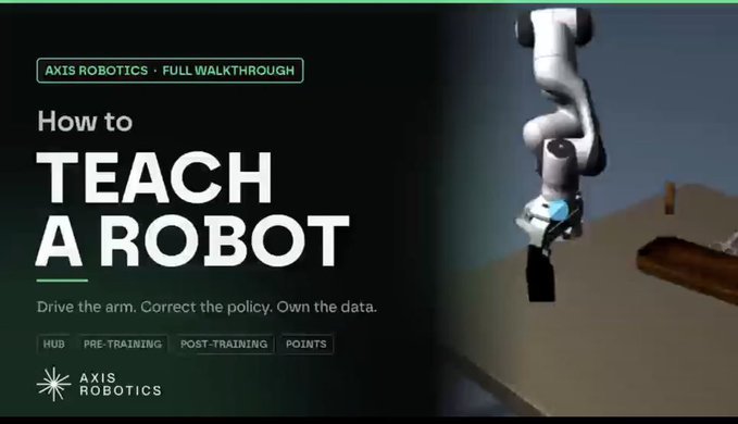 A YouTube thumbnail titled "How to TEACH A ROBOT" by Axis Robotics, subtitled "Drive the arm. Correct the policy. Own the data," shows a white robotic arm holding a black object.