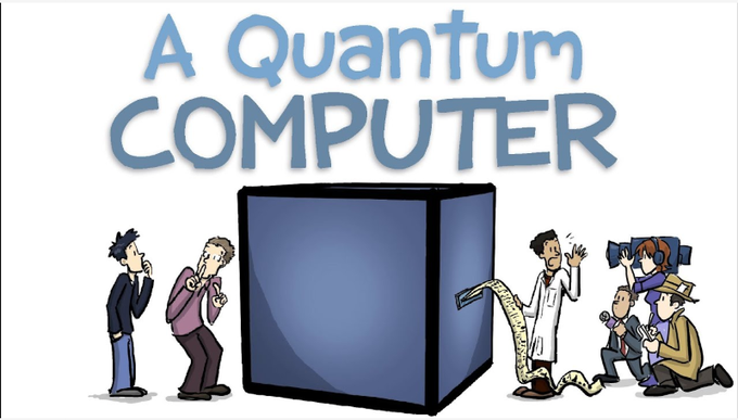 A cartoon illustration titled 'A QUANTUM COMPUTER' depicting several puzzled scientists gathered around a large dark blue cube, with one handing out an extremely long receipt or scroll.
