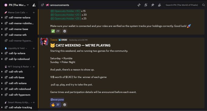 A Discord server for "PX (The World of Pixels)" displays an announcements channel featuring a pinned message with OpenCatz holder rewards multipliers (x15, x20, x25) and wallet verification confirmation, followed by a "CATZ WEEKEND" event post by user 7caves announcing Saturday Rumbles and Sunday Poker Night with 10% of $CATZ awarded to game winners.