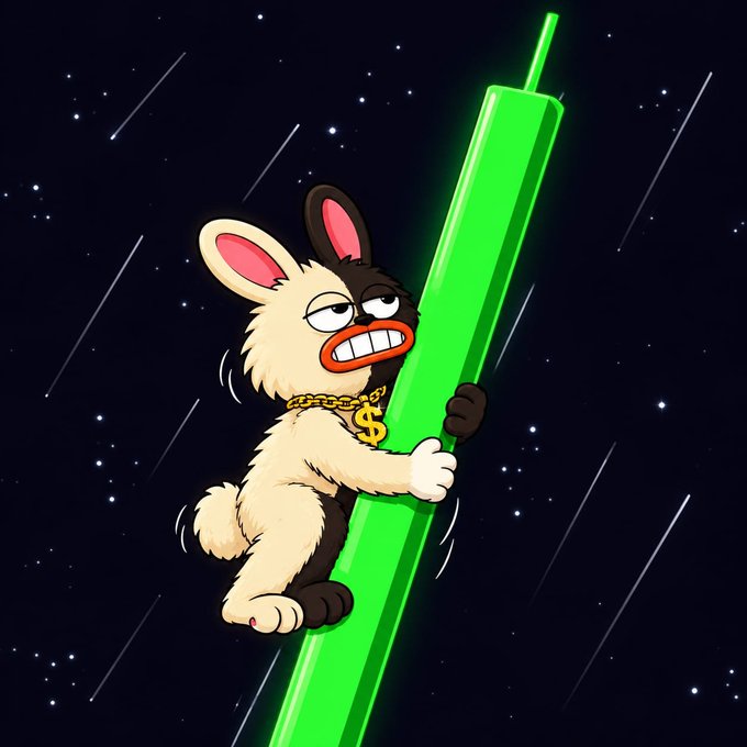 A cartoon rabbit with a determined, gritted-teeth expression clings to a glowing green vertical beam against a starry night sky, wearing a gold chain with a dollar sign pendant. The image relates to the post as a flashy, attention-grabbing visual accompanying a $SOL airdrop promotion.