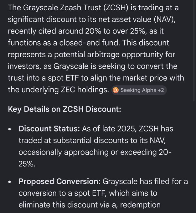 A financial article discussing the Grayscale Zcash Trust (ZCSH) trading at a 20-25% discount to its net asset value, noting the potential arbitrage opportunity as Grayscale seeks to convert it into a spot ETF.