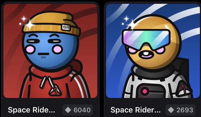 Two cartoon avatar cards from what appears to be the Space Riders NFT collection: "Space Ride..." with a blue-skinned character in a red hoodie and yellow beanie priced at 6040, and "Space Rider..." with a hooded figure in a spacesuit and iridescent visor priced at 2693, presumably shown to welcome @LeafTrades into the community.
