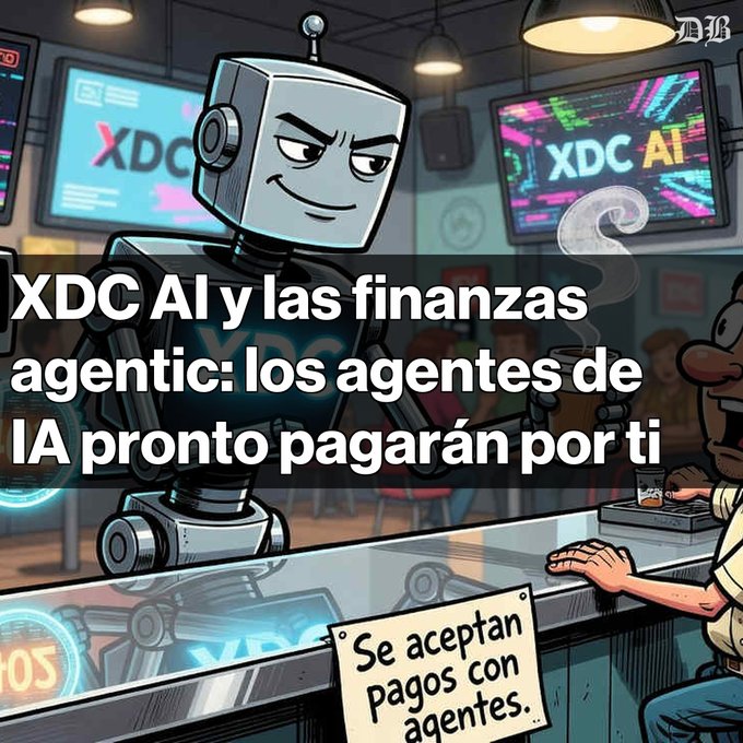 A cartoon illustration depicting an XDC AI robot bartender behind a counter with a sign reading 'Se aceptan pagos con agentes,' accompanied by the Spanish text 'XDC AI y las finanzas agentic: los agentes de IA pronto pagarán por ti.'