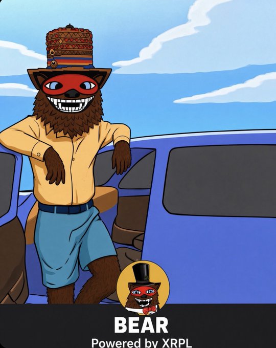 A cartoon illustration of a brown furry bear character wearing a yellow shirt, blue shorts, and a patterned hat, standing beside a blue car with a logo reading 'BEAR Powered by XRPL'.