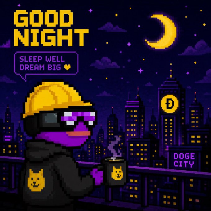 A pixel art illustration with the text 'GOOD NIGHT' and 'SLEEP WELL DREAM BIG', featuring a purple Pepe-like character wearing a yellow hard hat and sunglasses, holding a mug in a 'DOGE CITY' setting with a Dogecoin logo on a building.
