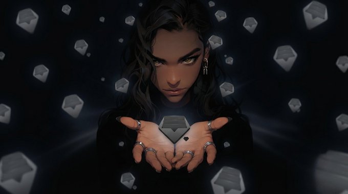 A stylized digital illustration of a dark-haired woman holding a diamond/gem in her cupped hands against a dark background with floating geometric shapes.