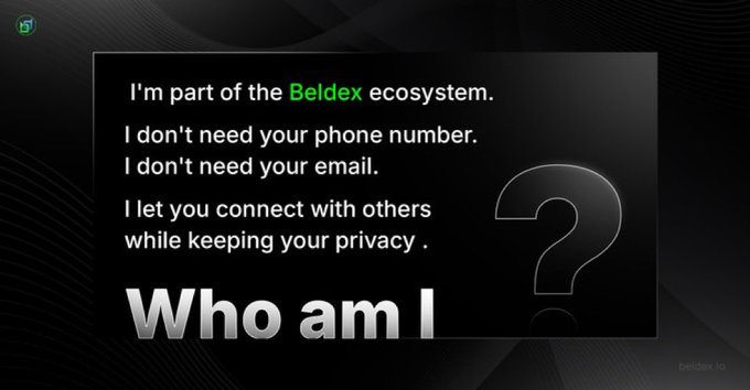 A dark promotional graphic for Beldex poses the question "Who am I?" alongside clues highlighting its privacy features—requiring no phone number or email—while noting it is "part of the Beldex ecosystem." It ties into the post's theme by visually reinforcing Beldex's focus on privacy and decentralized communication, contrasting with the tracking concerns described in the caption.