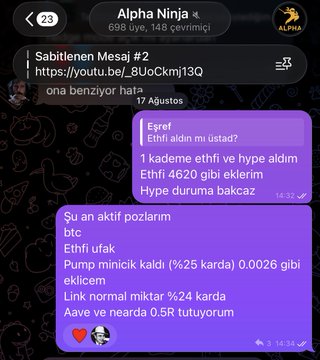 A screenshot from an Alpha Ninja Telegram chat dated August 17 shows messages discussing crypto holdings: ETHFi purchased for 1,100, an active $BTC long position, a $0.0026 entry on Pump, a %24 P/L scalp position on Link, and 0.5R floating on Aave and Nearda. The conversation references sharing positions like $BTC and scalp trades through the alpha group, aligning with the user's caption about the satisfactory state of their currently held trades.