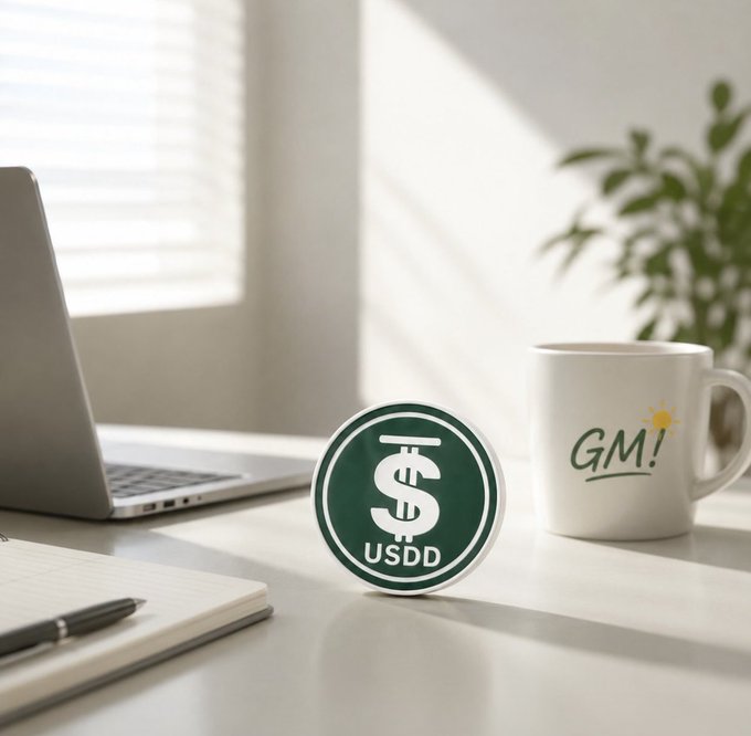 A clean desk setup featuring a USDD-branded coin placed next to a laptop, notebook, and a mug reading "GM!", visually reinforcing the post's message about USDD as a gateway into decentralized finance. The professional workspace setting highlights the coin's accessibility and integration into everyday crypto and DeFi activities.