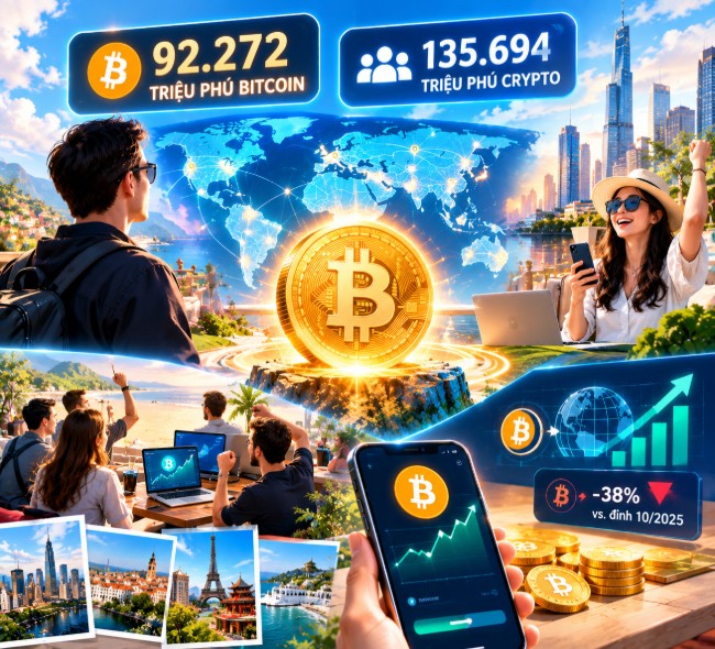 A vibrant collage advertising crypto wealth featuring statistics '92.272 TRIỆU PHÚ BITCOIN' and '135.694 TRIỆU PHÚ CRYPTO', depicting people, a large Bitcoin symbol, cityscapes, and a -38% market downturn.
