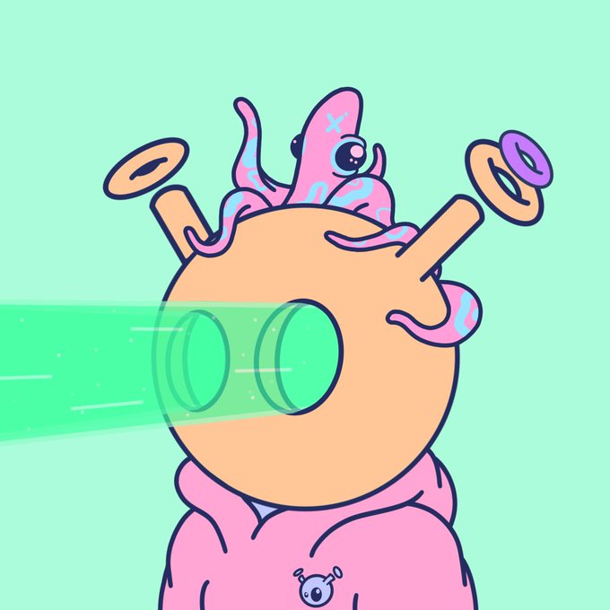 A cartoon illustration of a pink hooded character with large green goggles shooting a green laser beam, featuring a pink octopus-like creature on top of its head against a mint green background.