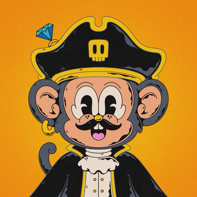 A cartoon illustration of a monkey dressed as a pirate with a skull-adorned hat featuring a blue diamond, set against an orange background.