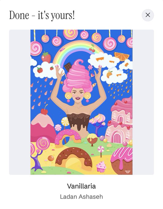 The image shows a completed digital artwork titled "Vanillaria" by Ladan Ashaseh, featuring a whimsical scene of a woman with pink ice cream cone hair surrounded by candy, rainbows, and desserts. The caption "Done - it's yours!" and the post confirm this is a newly collected NFT on objkt.com.