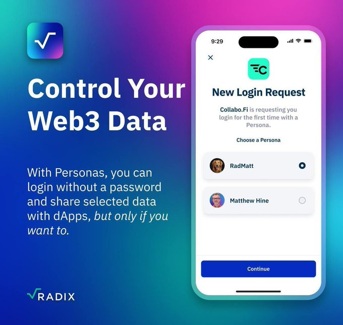 The image shows a cell phone with an app installed that allows users to control their Web3 data, such as setting up new login requests or managing their data. The app displays instructions for creating a new login request using the Radix Wallet, which is a secure way of storing and accessing personal information on-ledger without relying on centralized cloud recovery systems. This approach provides more convenience and control over one's identity while also improving security by keeping sensitive data separate from other assets.