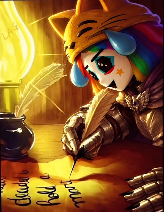 Fantasy digital illustration of an armored character wearing a cat-eared hood and colorful clown-like face mask, writing with a quill pen by candlelight on parchment.