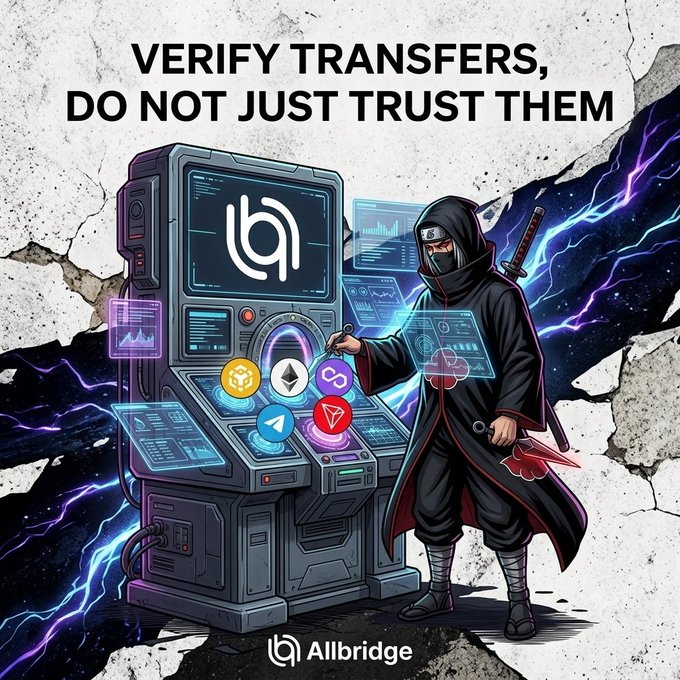 A promotional image for Allbridge featuring an anime ninja character operating a high-tech console with various crypto icons, with the text 'VERIFY TRANSFERS, DO NOT JUST TRUST THEM.'