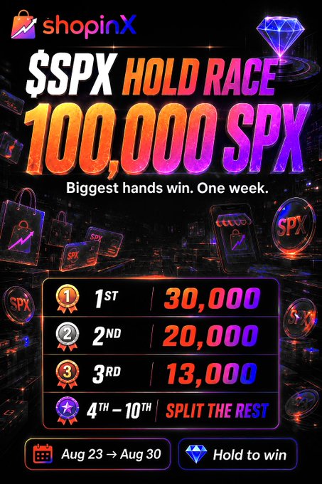 A promotional graphic for ShopinX announces a "$SPX HOLD RACE" offering 100,000 SPX in prizes over one week (Aug 23–Aug 30), with rewards of 30,000 SPX for 1st, 20,000 SPX for 2nd, 13,000 SPX for 3rd, and a split of the rest for 4th–10th place based on the biggest holders. The bold neon design reinforces the post's challenge to prove who truly holds $SPX on BNB Chain by letting wallets speak through this competitive holding contest.