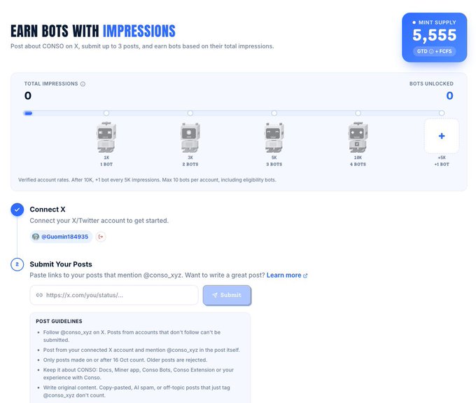 A CONSO dashboard titled "EARN BOTS WITH IMPRESSIONS" showing a mint supply of 5,555 tokens, an impressions progress bar with bot rewards at 1K-10K+ impressions, and instructions to connect an X/Twitter account.