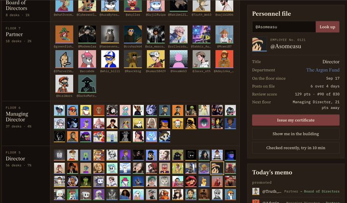 Screenshot from a corporate management game showing a 'Board of Directors' page with employee avatars arranged by floor, featuring a personnel file for @Asomeasu who is a Director on Floor 7.
