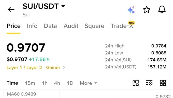 A cryptocurrency price tracking screen showing SUI/USDT trading pair at $0.9707, up 17.56%, with 24h high of 0.9784 and low of 0.8088.
