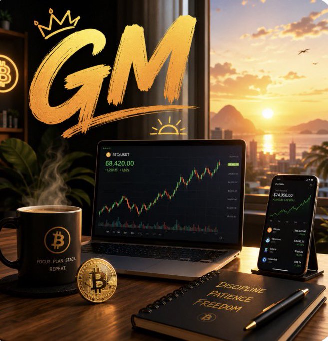 A cozy trader’s workspace features a laptop displaying BTC/USDT at 68,420.00 (+1.20%), a smartphone showing crypto market data, a steaming coffee mug labeled "FOCUS. PLAN. STACK. REPEAT.", a Bitcoin-branded gold coin, and a notebook inscribed with "DISCIPLINE, PATIENCE, FREEDOM"—all set against a sunrise cityscape with a bold "GM" graphic overhead. The image reinforces the post’s message of starting the day with calm discipline rather than rushing into trades out of FOMO, reminding traders that mindset matters more than whether the market opens green or red.