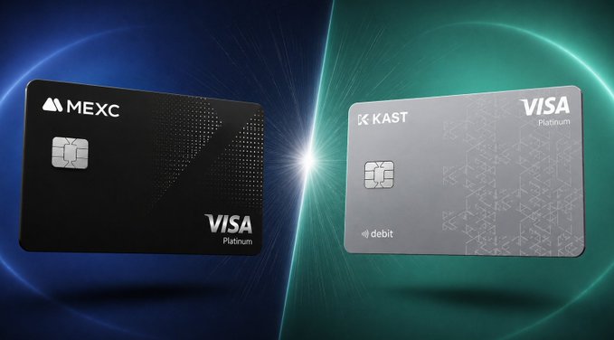 A promotional image displaying two Visa Platinum debit cards side by side against a glowing background: a black 'MEXC' Visa Platinum card on the left and a silver 'KAST' Visa Platinum debit card on the right.