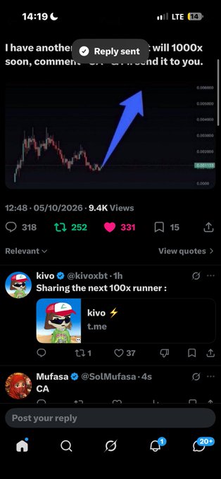 Screenshot of a social media post showing a cryptocurrency trading chart with a blue arrow pointing upward, indicating a 1000x gain prediction.