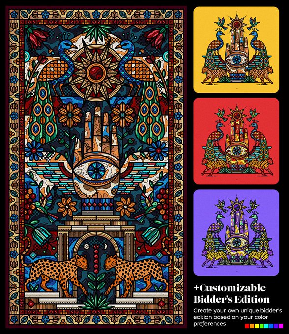 The image features a colorful poster with three different designs, each representing a different color scheme. The poster includes a hand holding an eye, a bird, and a peacock. The text at the bottom of the poster reads "Gm NEW lower reserve + customizable bidder'S edition." This suggests that the poster is designed to be customized by the buyer, allowing them to choose their preferred color combination for the bidding process.