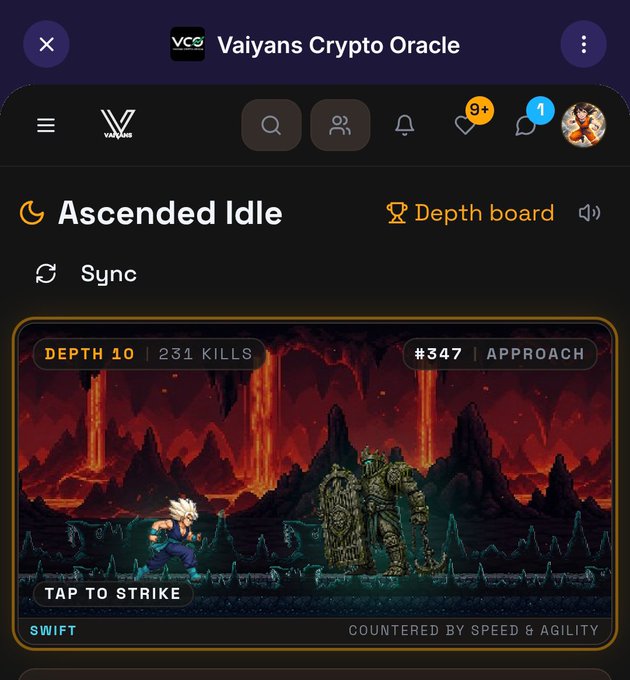 A mobile screenshot of the "Vaiyans Crypto Oracle" app shows a dark-themed gaming interface titled "Ascended Idle" with pixel art depicting a spiky-haired character facing a golem in a fiery cave, labeled "DEPTH 10 | 231 KILLS" and "#347 | APPROACH".