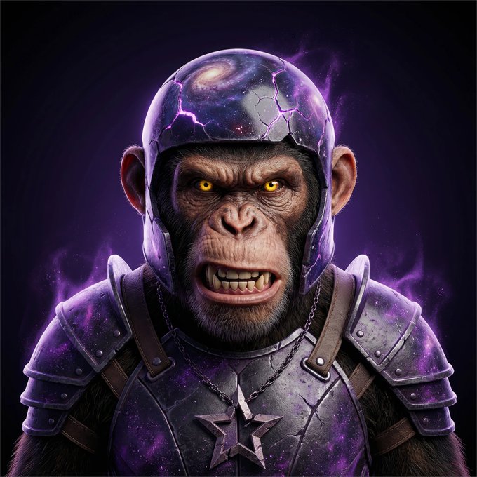 A digital artwork of an aggressive chimpanzee wearing purple cosmic-patterned armor and helmet with glowing yellow eyes against a dark background.