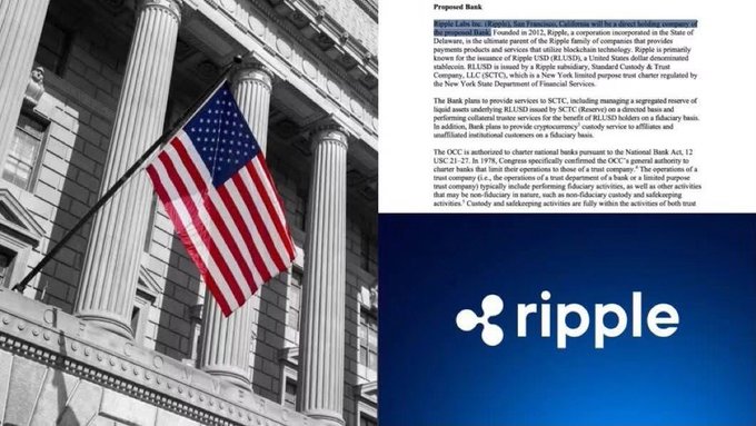 The image shows an American flag in front of a building, and text stating "Ripple" and "Proposed Bank" with details about its formation and services. This visually represents the "JUST IN" announcement regarding Ripple's National Trust Bank application approval.