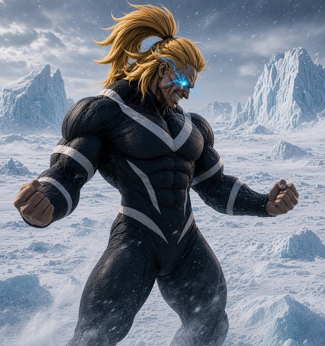 A stylized illustration shows a muscular blond superhero in a black suit clenching his fists in a snowy, icy landscape, with blue glowing energy around his eyes.
